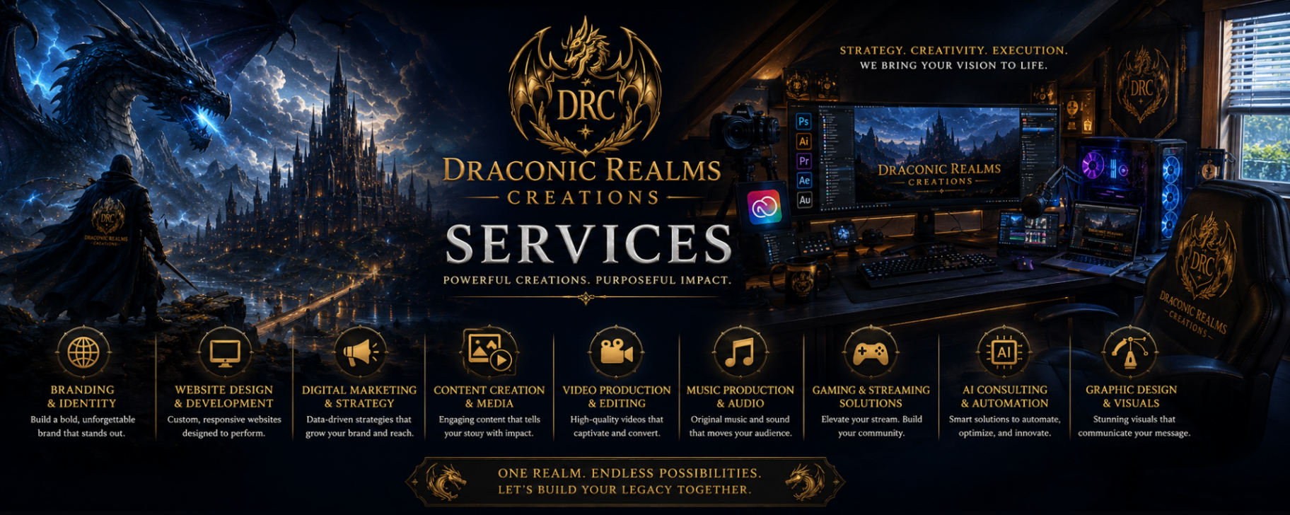 Draconic Realms Creations services banner with icons for branding, web, marketing, media, video, music, gaming, and AI