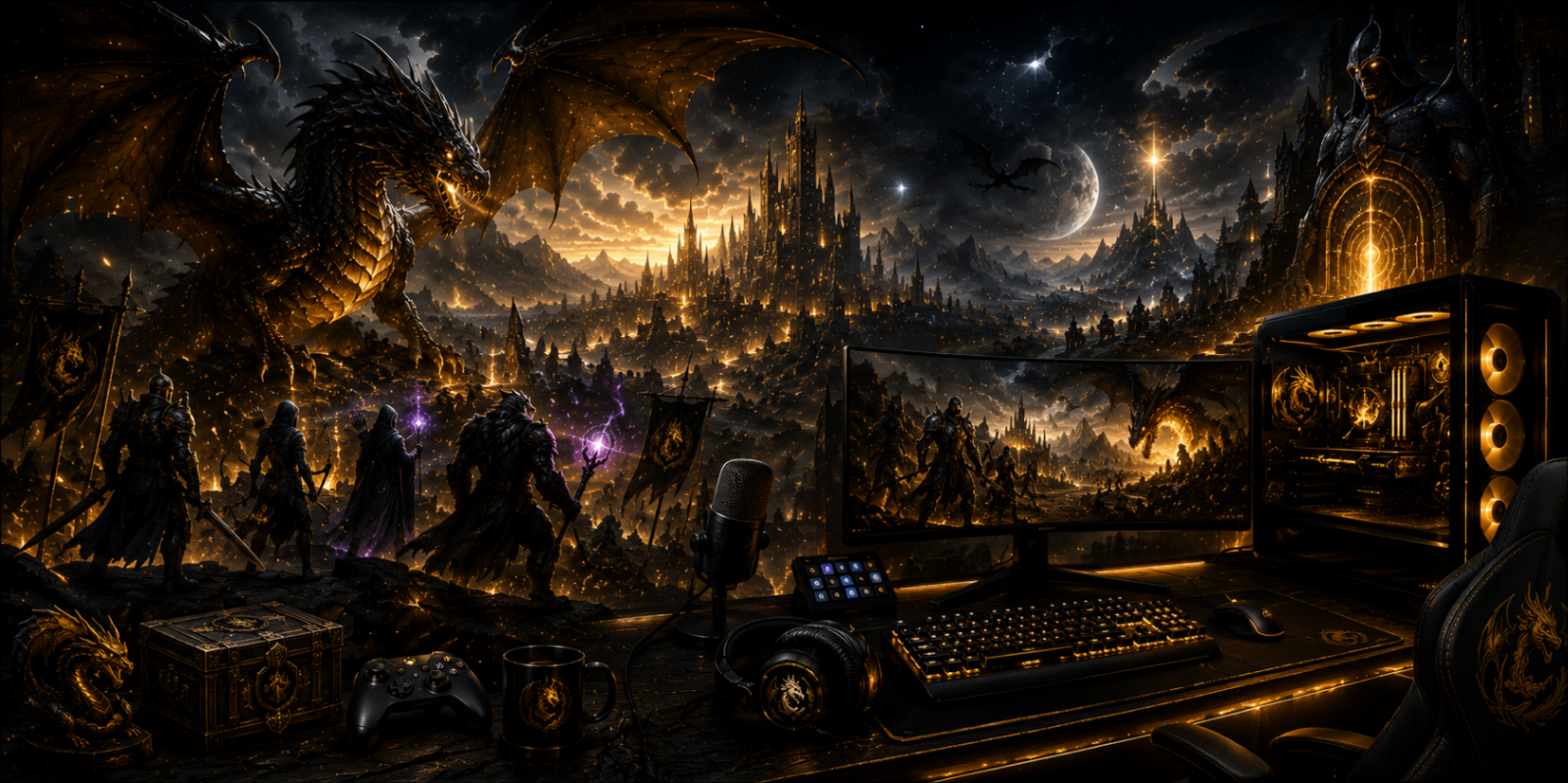 Gaming banner — an epic dark-fantasy battlefield beside a gold-lit streaming battlestation