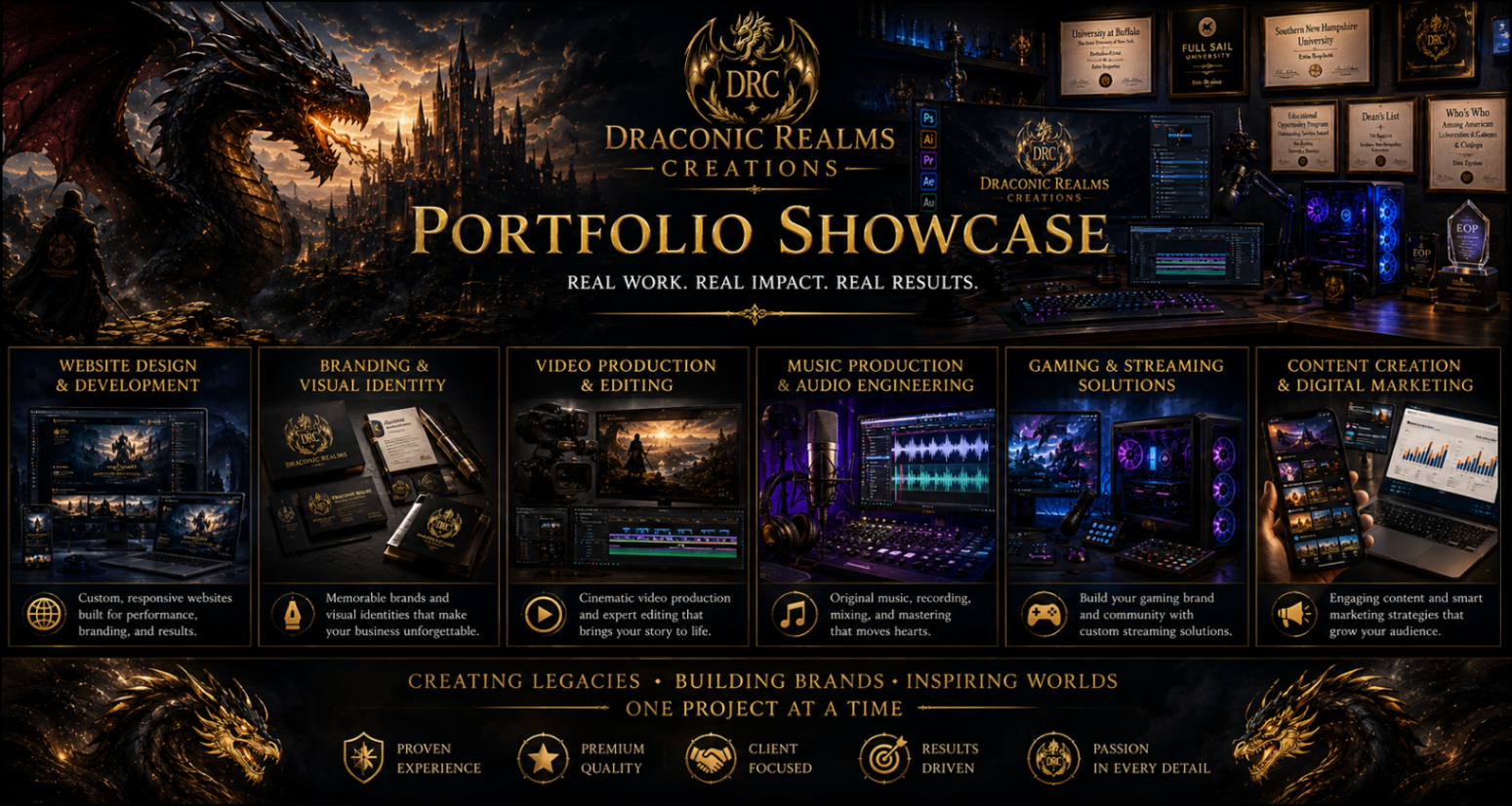 Portfolio showcase banner featuring website, branding, video, music, gaming, and content work