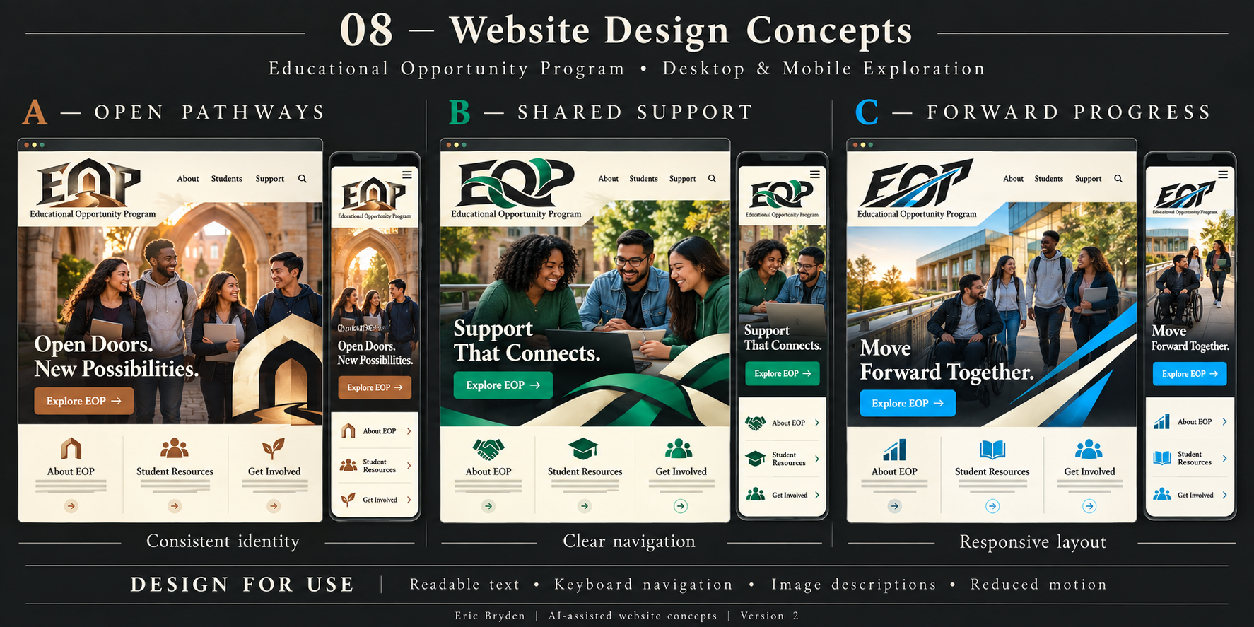 Concept sheet 08: desktop and mobile website layout concepts. These are design concepts, not the official program website.