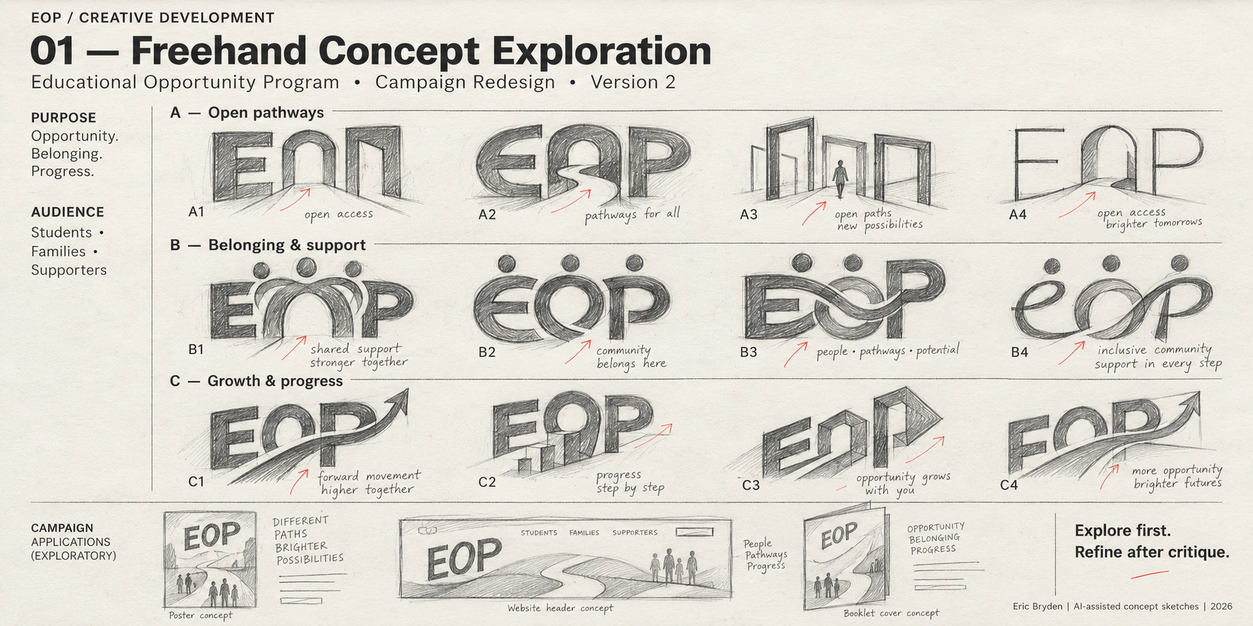 Concept sheet 01: freehand sketches exploring early EOP identity ideas.