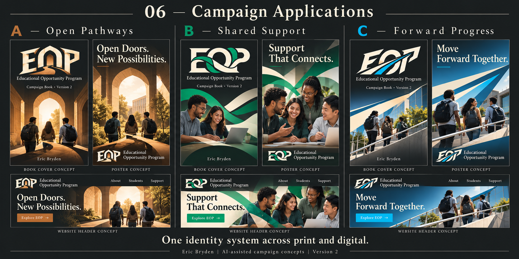 Concept sheet 06: campaign identity applied across multiple touchpoints.