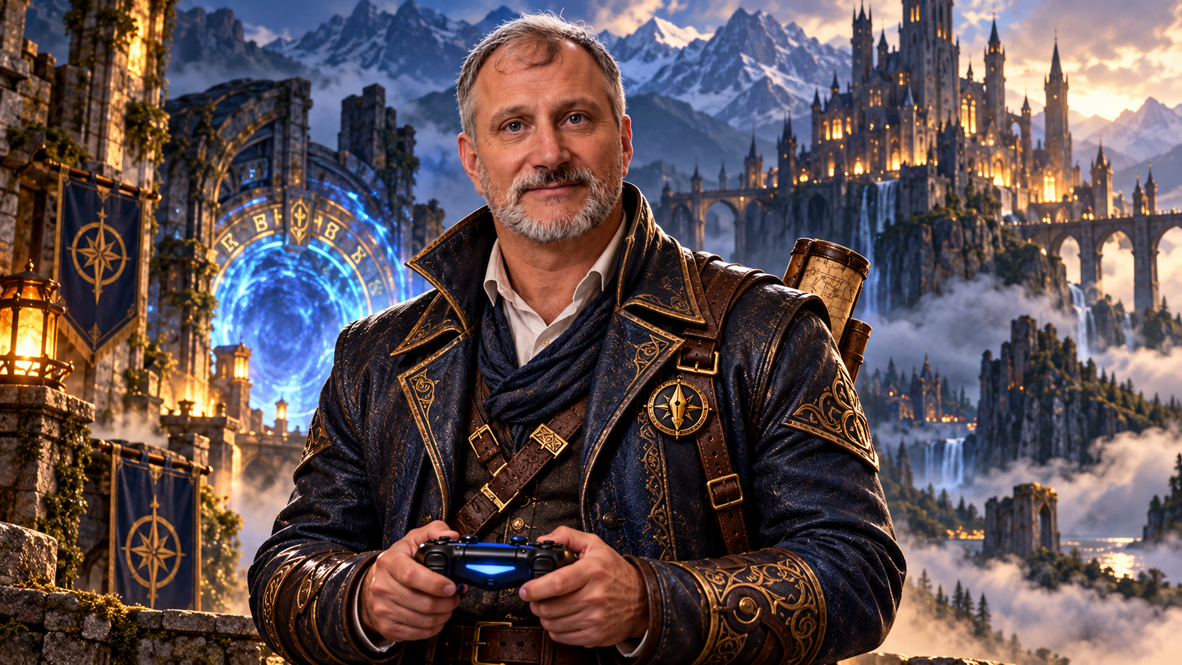 AI-assisted conceptual illustration of Eric Bryden as an adventurer holding a game controller before a fantasy castle