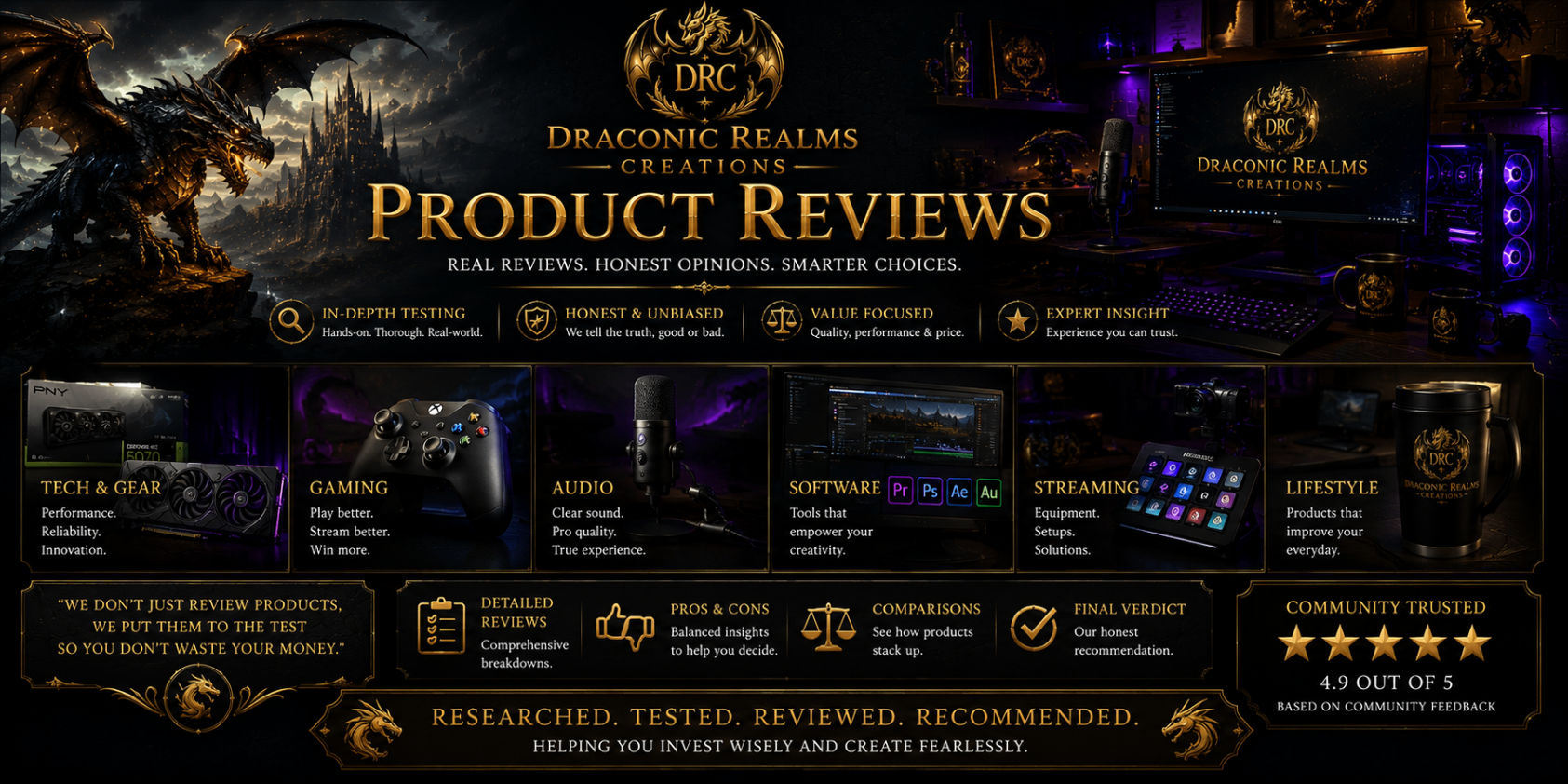 Product Reviews banner covering tech, gaming gear, audio, software, and streaming equipment