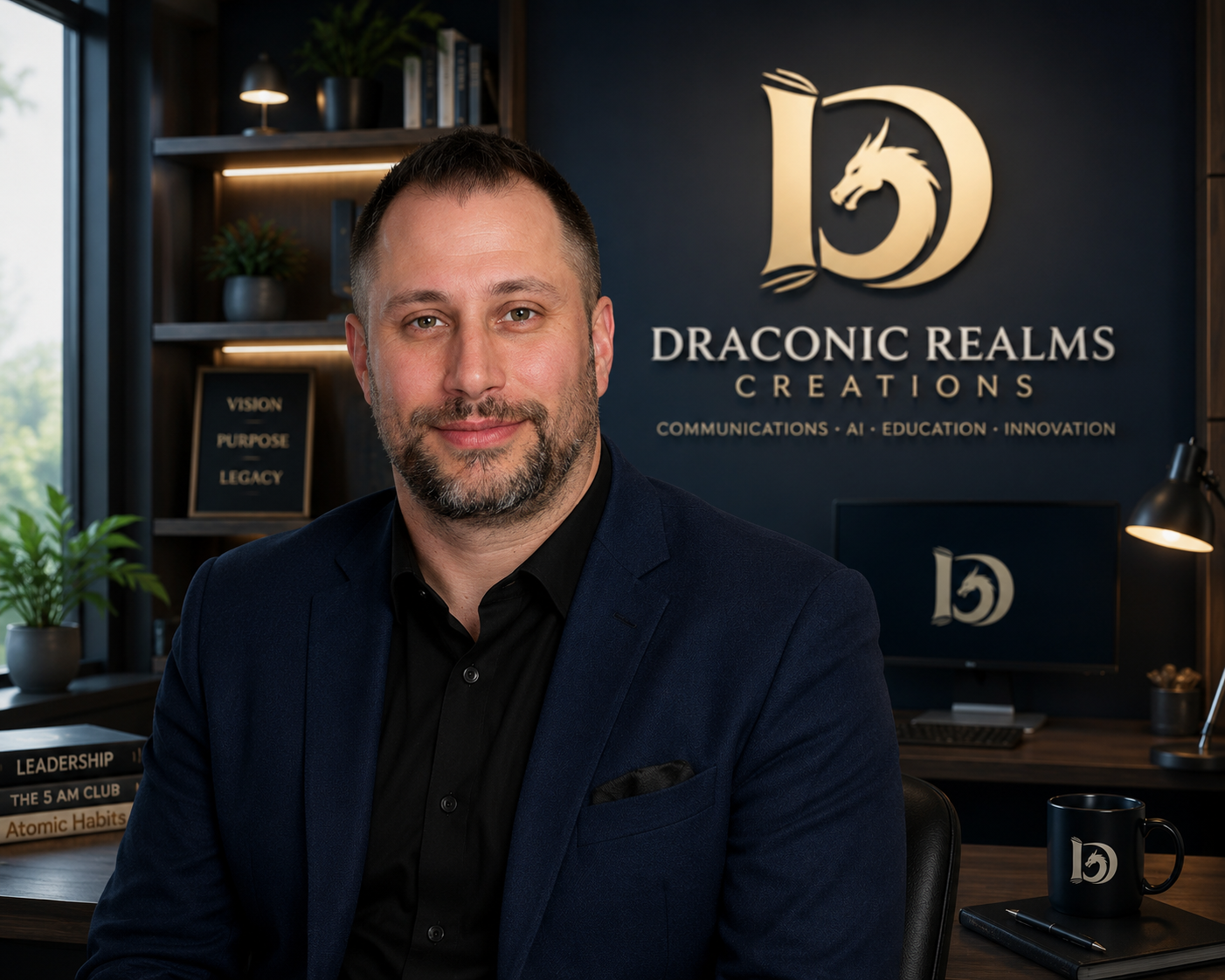 Eric Bryden, Founder & CEO of Draconic Realms Creations, in his office beneath the company's Dragon of Knowledge master mark