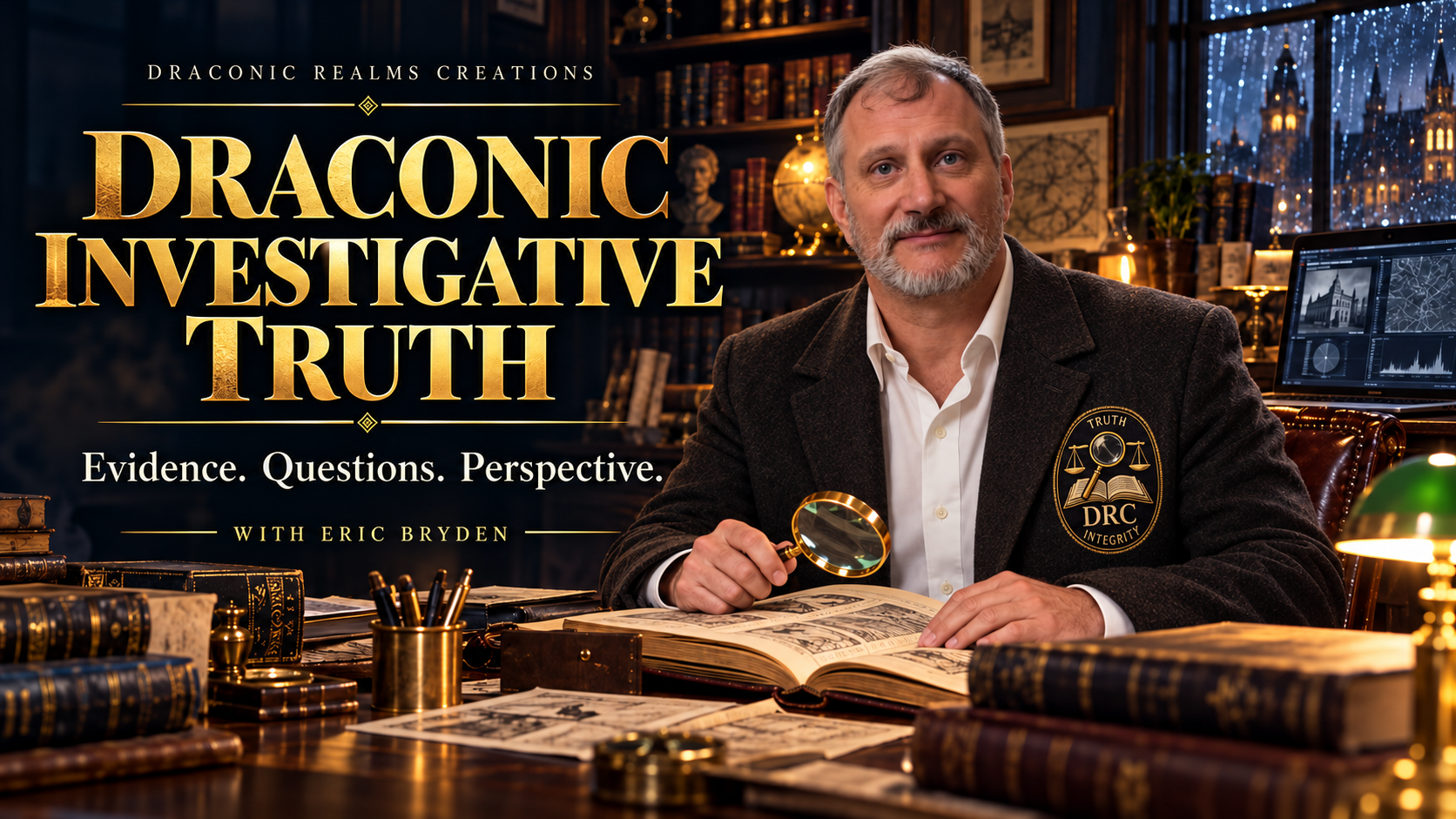 Eric Bryden as a detective at a research desk — Draconic Investigative Truth, Evidence. Questions. Perspective.