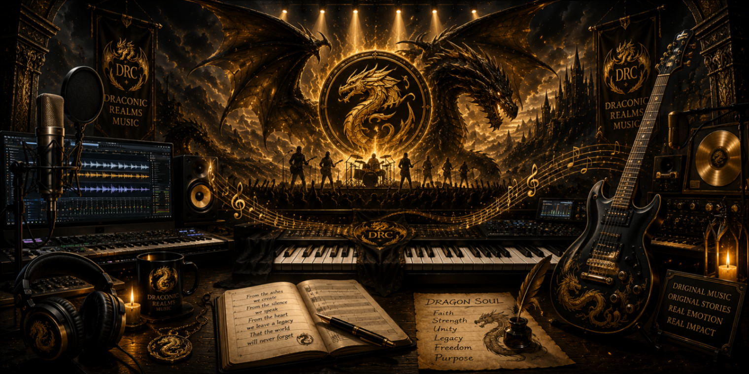 Draconic Realms Music banner — studio, instruments, and epic dragon iconography