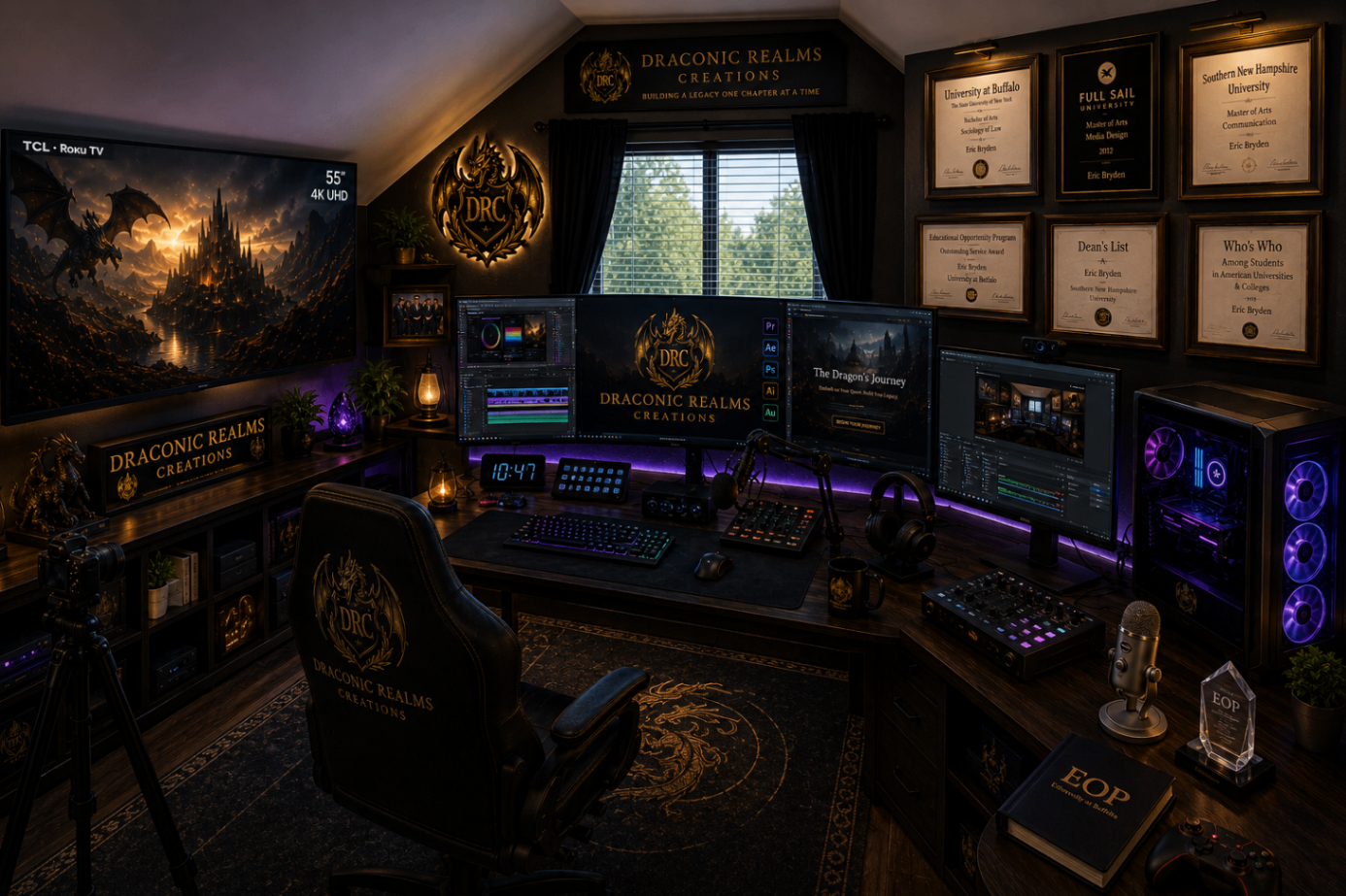 Eric Bryden's Draconic Realms Creations studio workspace with a multi-monitor editing suite and framed academic honors