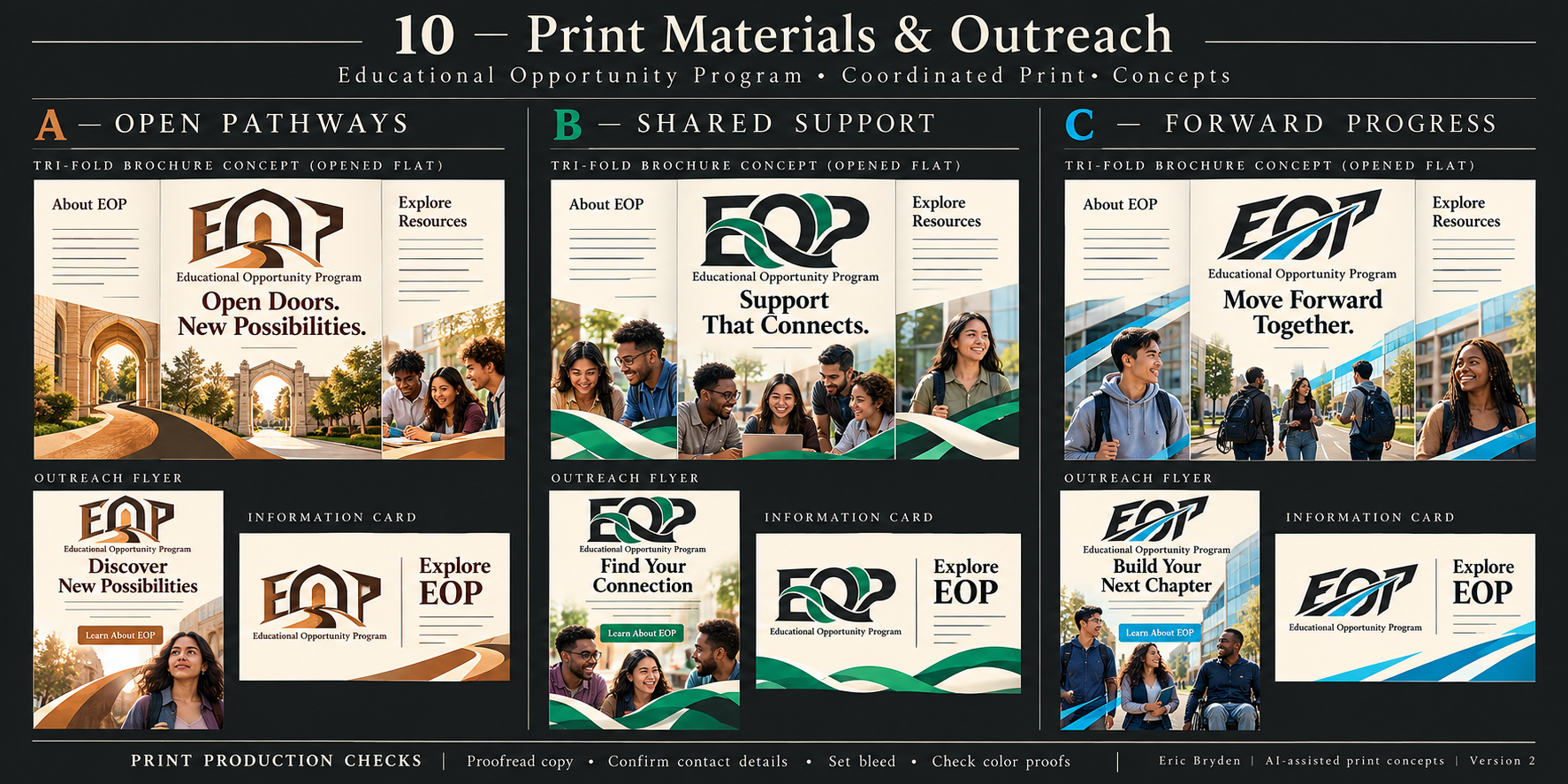 Concept sheet 10: brochure, flyer, and information card concepts for outreach.
