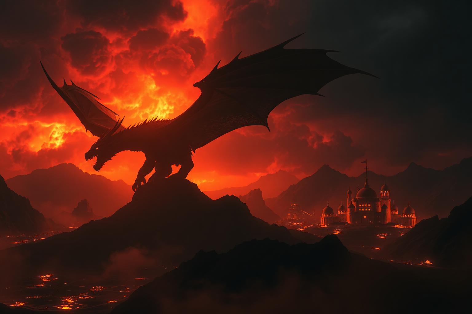 An ancient dragon silhouetted against crimson embers above a golden realm